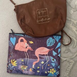 Baovely Brown Leather and Flamingo Print Cosmetic Bag Set